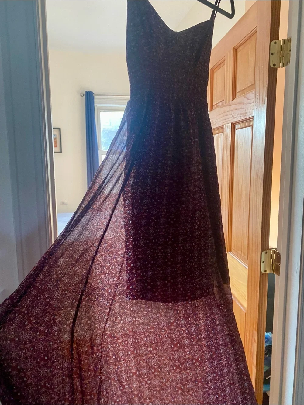 Abercrombie & Fitch Floral Smocked Open Back Sheer Maxi Dress Burgundy S